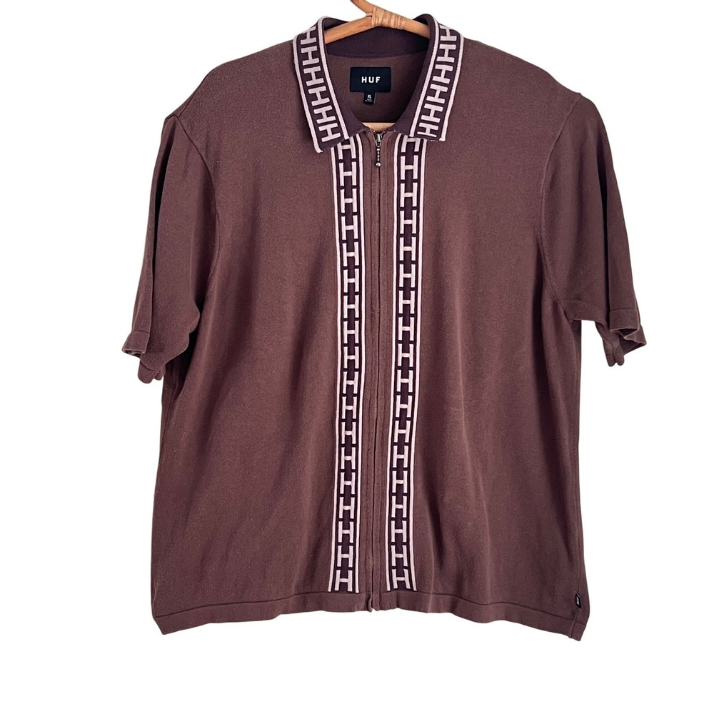 HUF Knit Polo XL Mens Full Zip Short Sleeve Cardigan Sweater Brown Skater